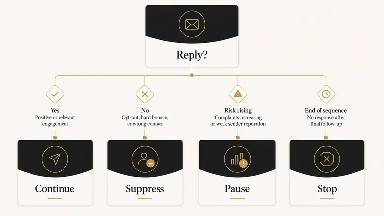 Decision tree showing when a cold email follow up sequence should continue, pause, suppress, or stop