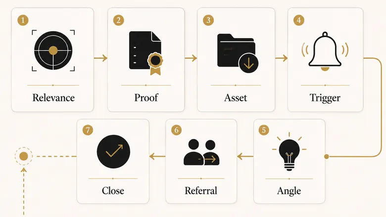 Matrix matching seven cold email follow up templates to relevance, proof, referral, and close-the-loop purposes