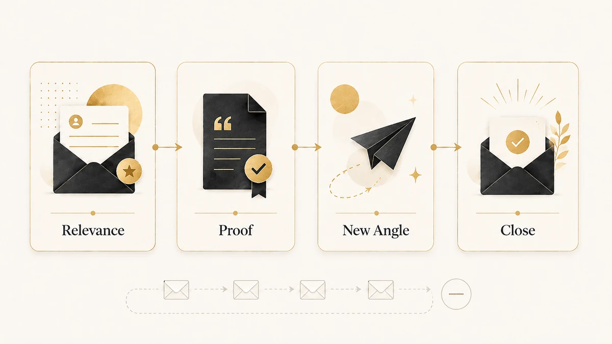 Cold email follow-up sequence progressing through relevance, proof, a new angle, and a polite close.