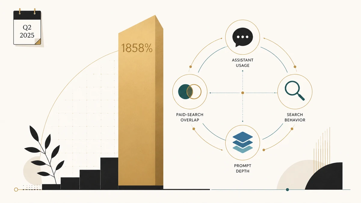 Editorial illustration of AI assistant growth and search measurement signals becoming one B2B visibility dashboard.