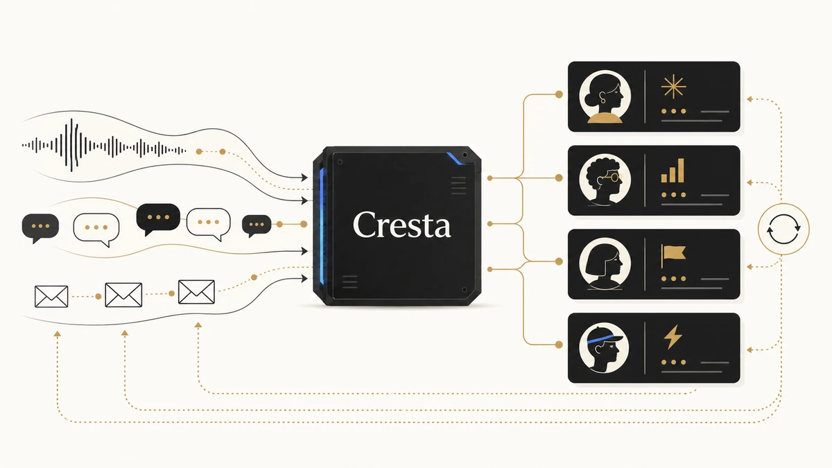 Cresta AI system diagram showing voice, chat and email inputs routed into role-based sales and support insights