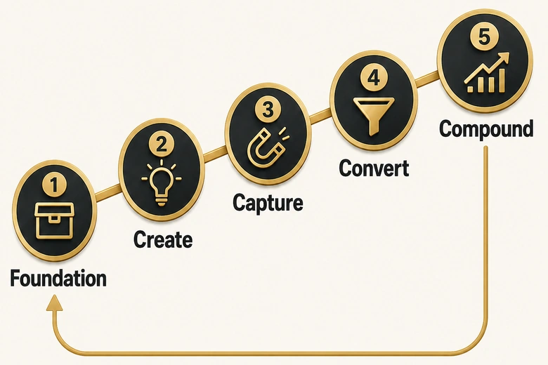 The Demand Engine demand generation framework showing five stages: Foundation, Create, Capture, Convert, and Compound
