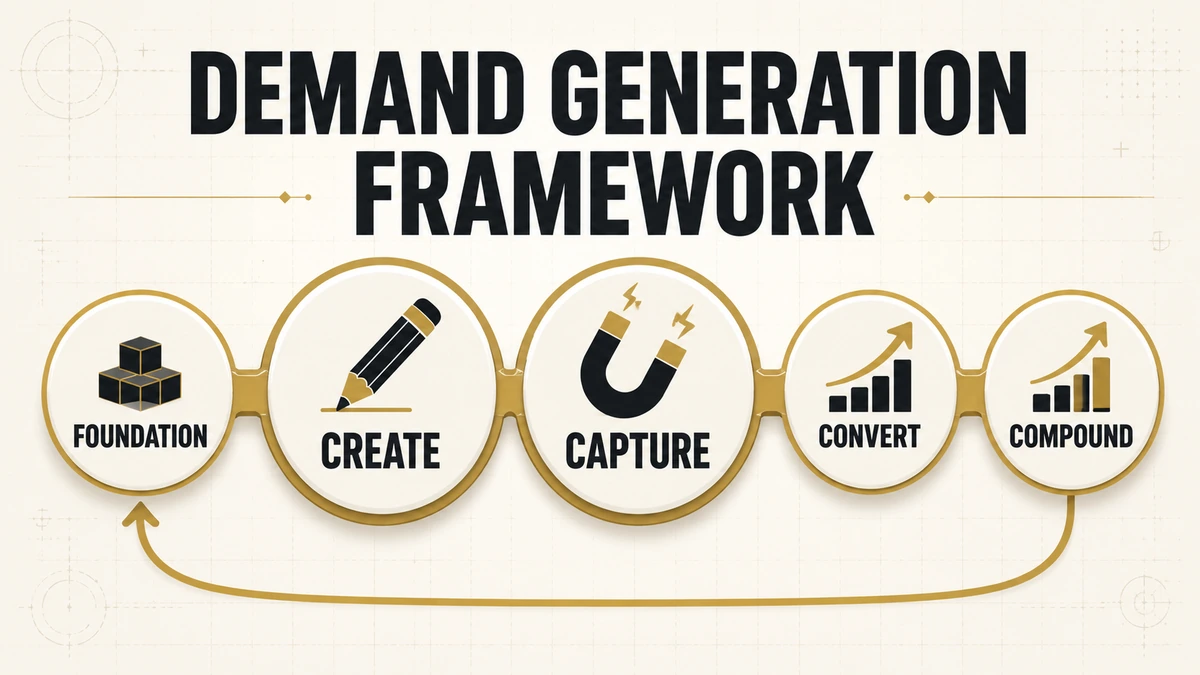 Demand generation framework shown as a five-stage engine from foundation through create, capture, convert, and compound