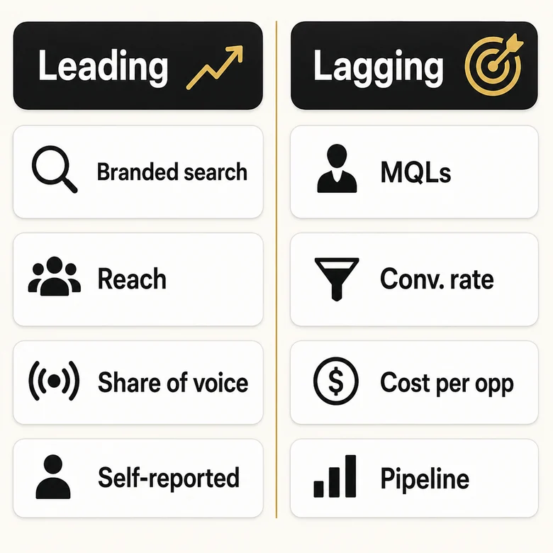 Demand generation metrics map separating leading demand creation metrics from lagging demand capture metrics