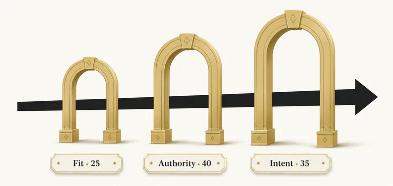 The SEAT Scorecard's three weighted gates for B2B executive outreach qualification: account fit, authority, and intent