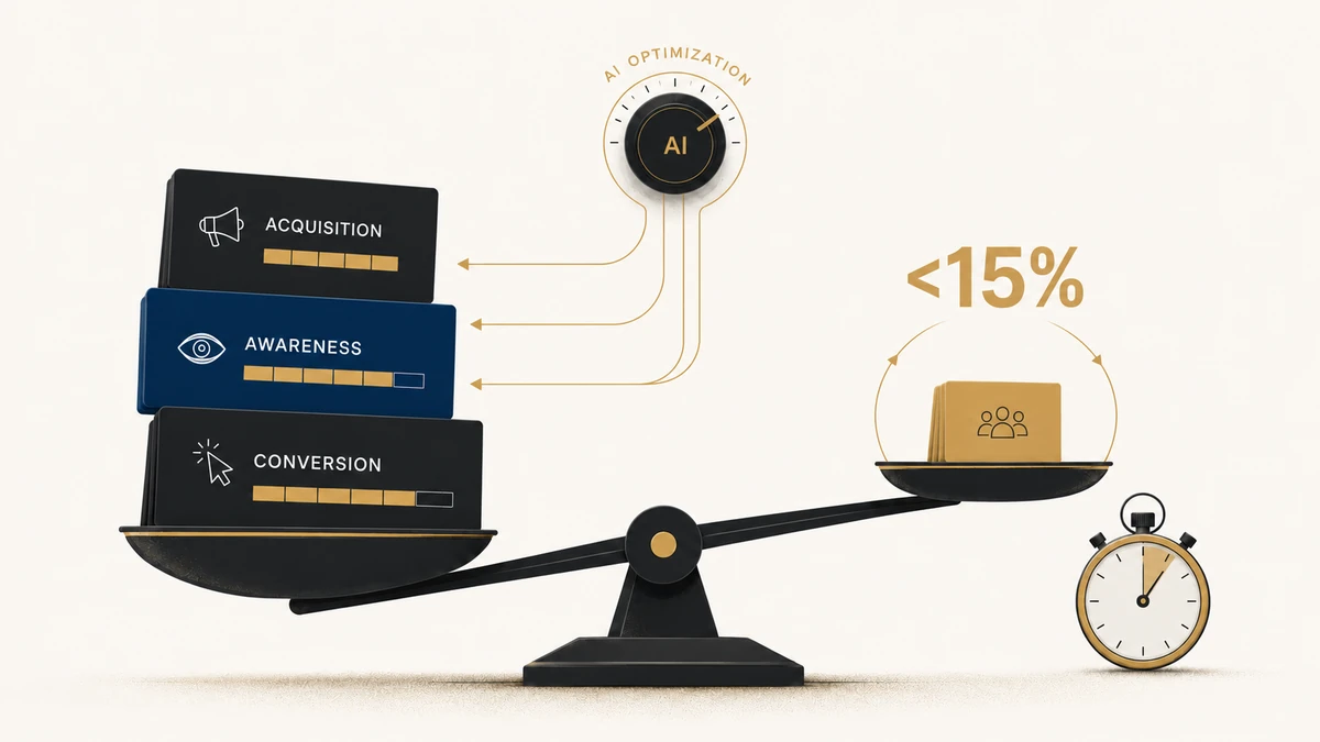 A media budget scale tilts toward acquisition, awareness, and conversion while retention receives less than 15% of spend.