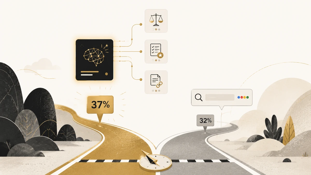 Split AI and traditional search paths show daily AI users starting more searches with AI, marked 37% versus 32%.