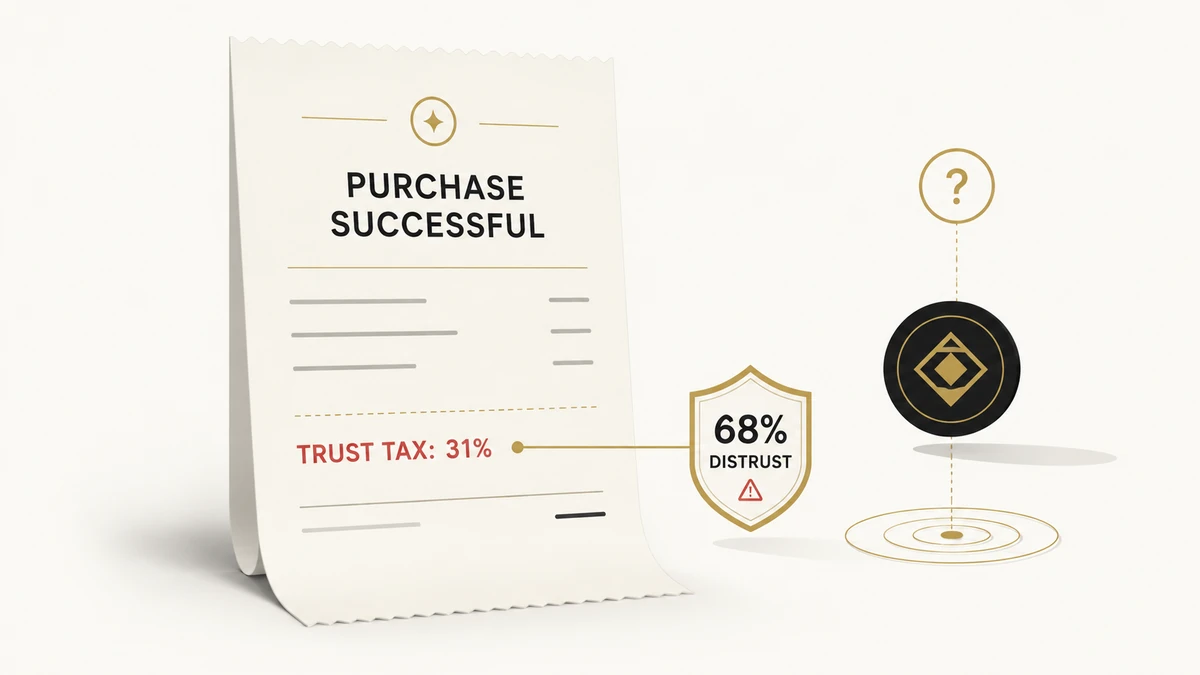 Editorial receipt showing a successful AI shopping purchase with a 31% trust tax and 68% distrust shield.