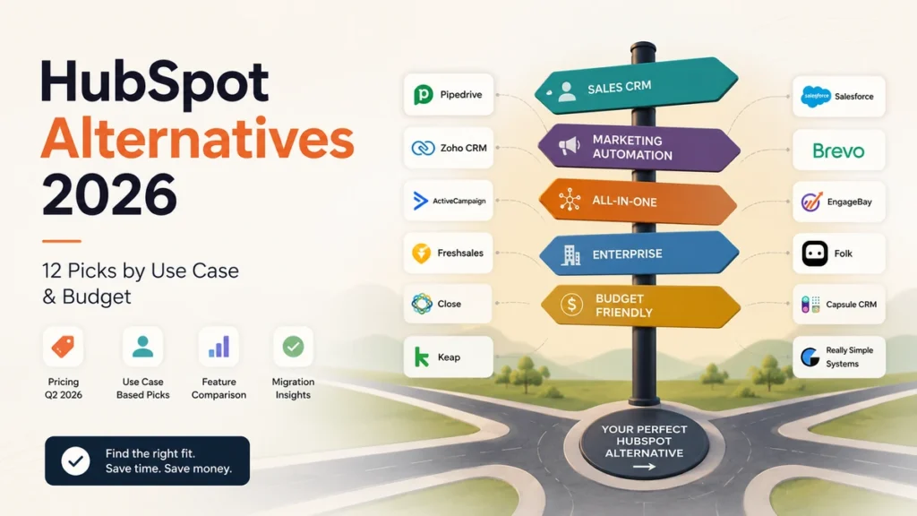 HubSpot alternatives 2026 guide showing CRM options by use case, budget, pricing, features, and migration needs.