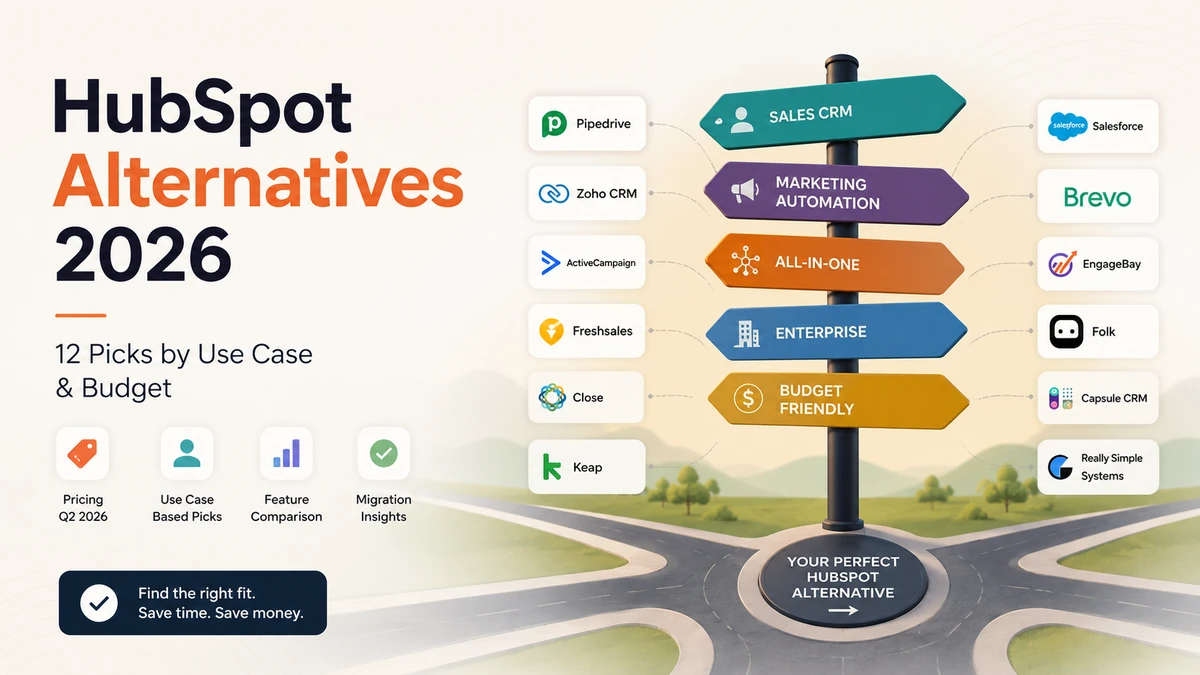 HubSpot alternatives 2026 guide showing CRM options by use case, budget, pricing, features, and migration needs.