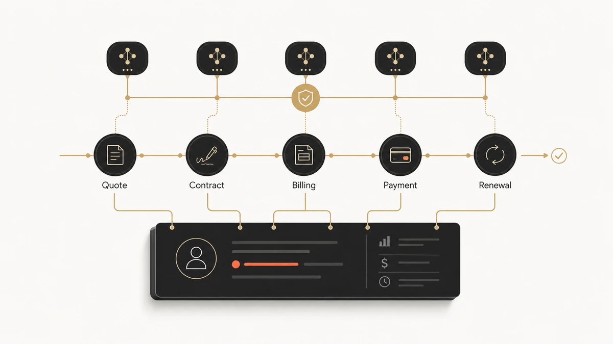 HubSpot Revenue Hub connecting quote, contract, billing, payment, and renewal stages to one AI-ready customer revenue record.