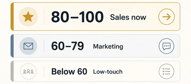 ICP score tiers shown as a traffic-light system routing B2B SaaS accounts to sales, marketing, or low-touch