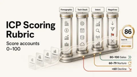 ICP scoring rubric illustration showing B2B SaaS accounts scored across firmographic, tech stack, intent, and negative signals