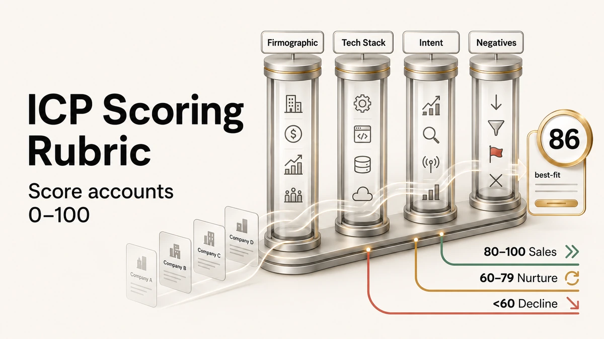 ICP scoring rubric illustration showing B2B SaaS accounts scored across firmographic, tech stack, intent, and negative signals
