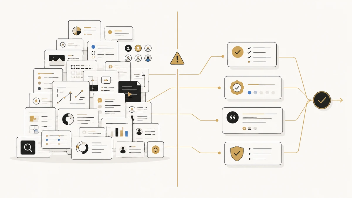 Editorial illustration showing B2B buyers moving from information overload to proof-led confidence across a trust gap.