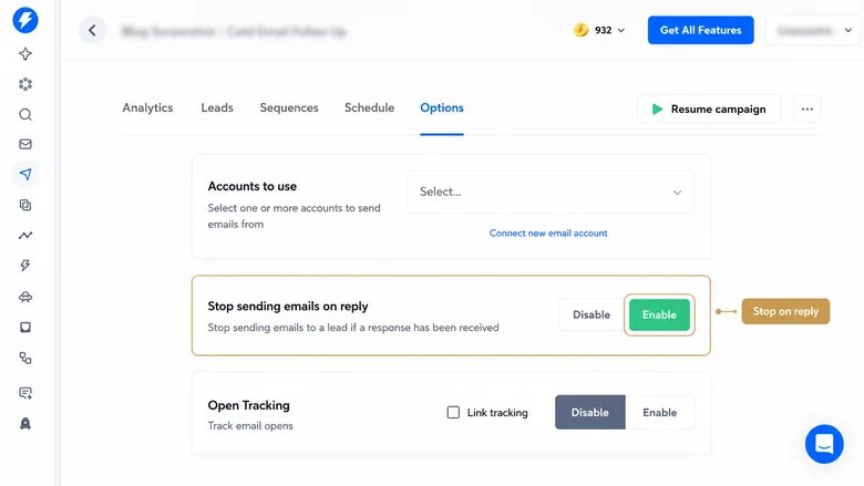 Instantly campaign sequence showing cold email follow up steps, waiting periods, and automatic stop-on-reply settings