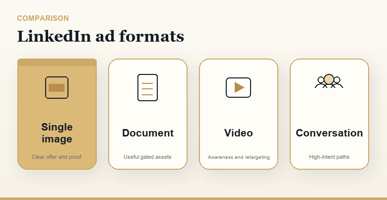 LinkedIn Campaign Manager ad format selection screen showing Single Image, Carousel, Video, Text, Spotlight, Follower, Document, Conversation, and Event formats