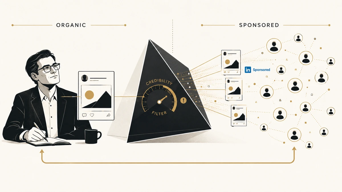 LinkedIn creator content moving from organic reach to sponsored amplification through a credibility filter.