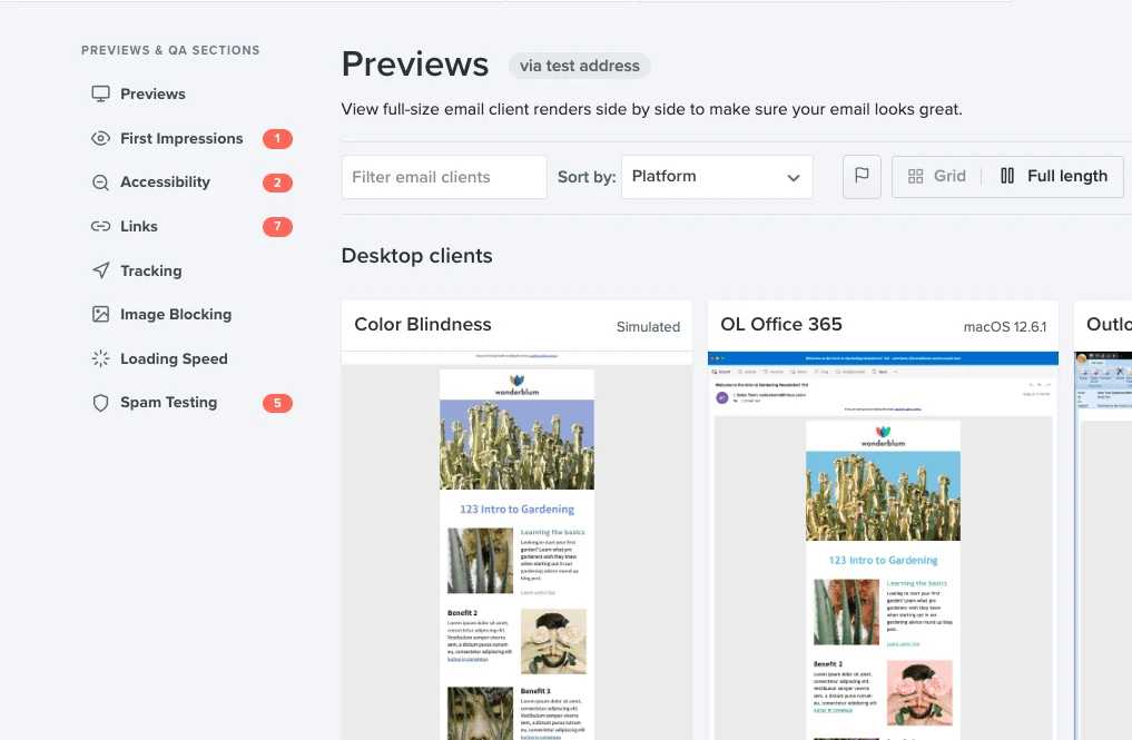 Litmus Previews and QA interface showing email-client previews and the spam-testing section