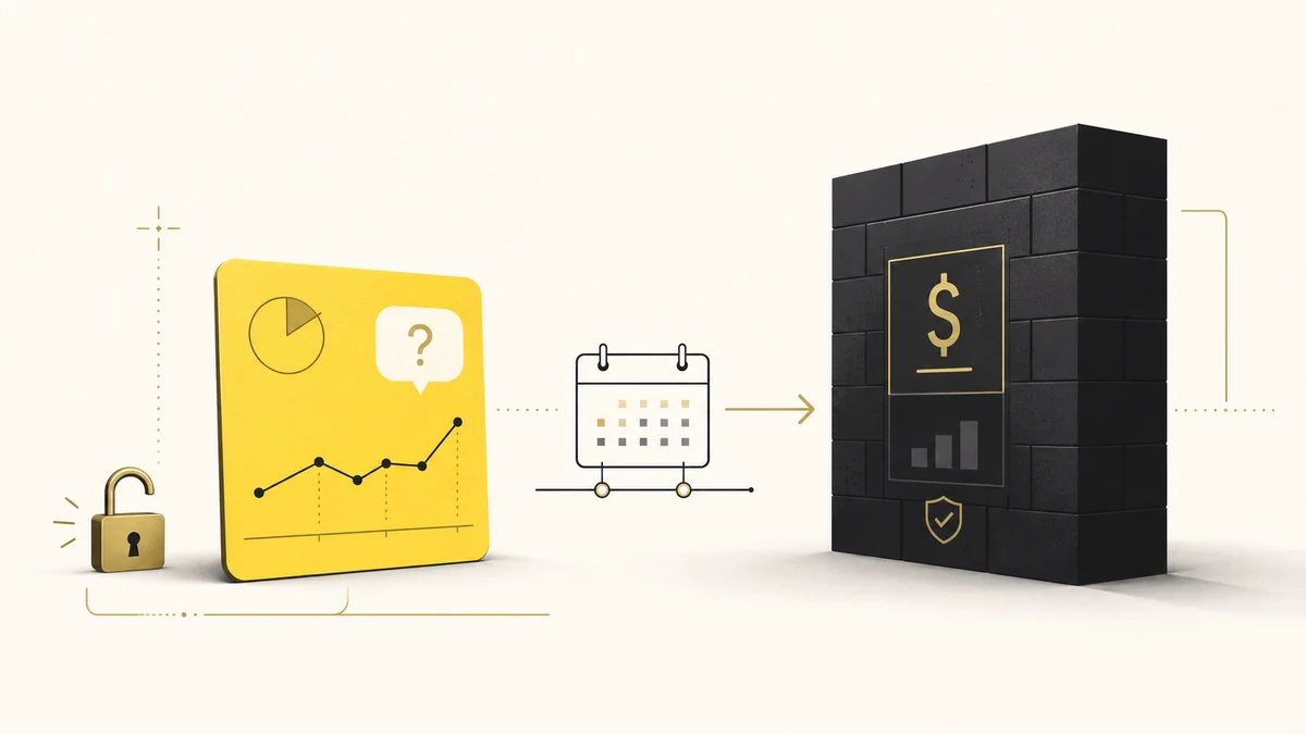 Yellow analytics AI panel points toward a cash-flow strategy block, representing Mailchimp’s AI reporting test.