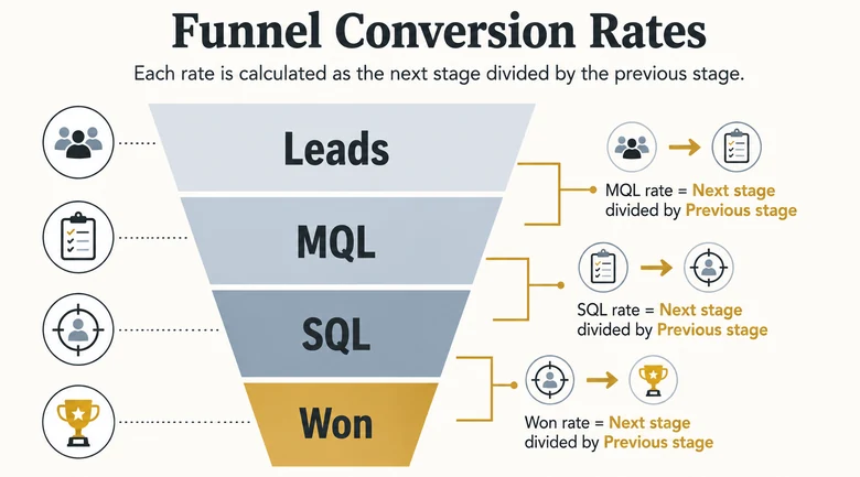 Marketing funnel mapped to a conversion rate at each stage from leads to MQL to SQL to closed-won deals