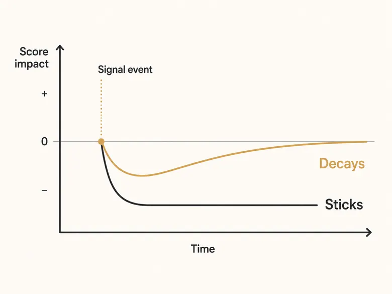 Negative score decay curve showing a lead scoring penalty fading over time versus a permanent floor