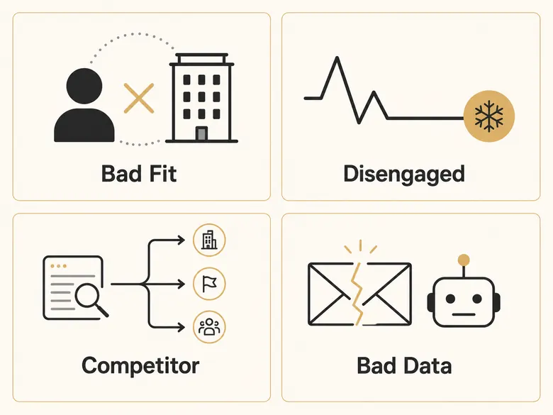 The four categories of negative lead scoring attributes for B2B: bad fit, disengagement, competitor, and bad data