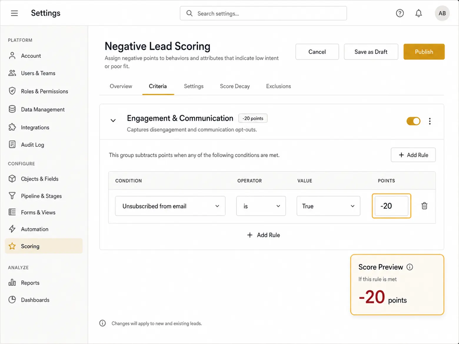 HubSpot lead scoring setup assigning a negative point value for an unsubscribe in the score property editor