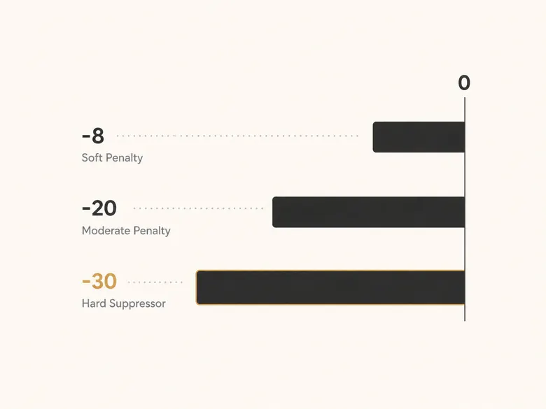 Negative lead scoring point deductions by signal, from soft penalties down to hard suppressors