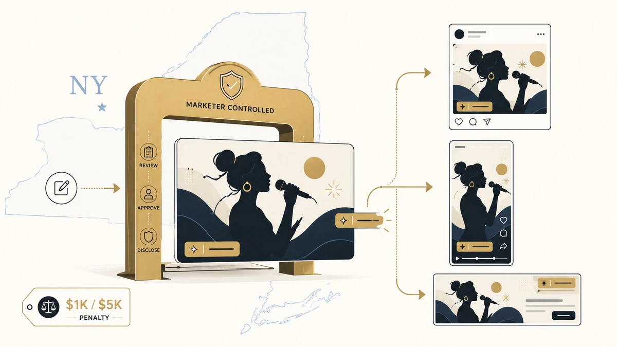 An AI-generated ad creative passes through a marketer-controlled disclosure gate and keeps its label across social, video, and display formats.