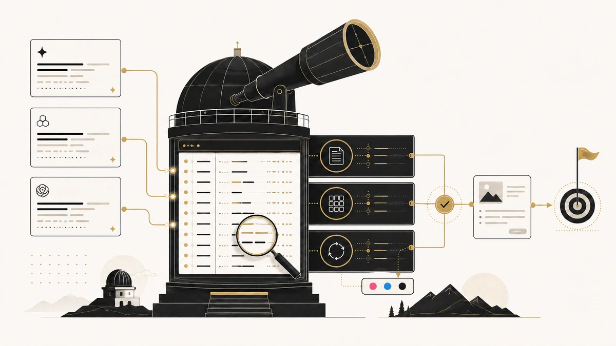 AI answer cards flow into a website-log observatory that tracks agent activity and connects it to content outcomes.