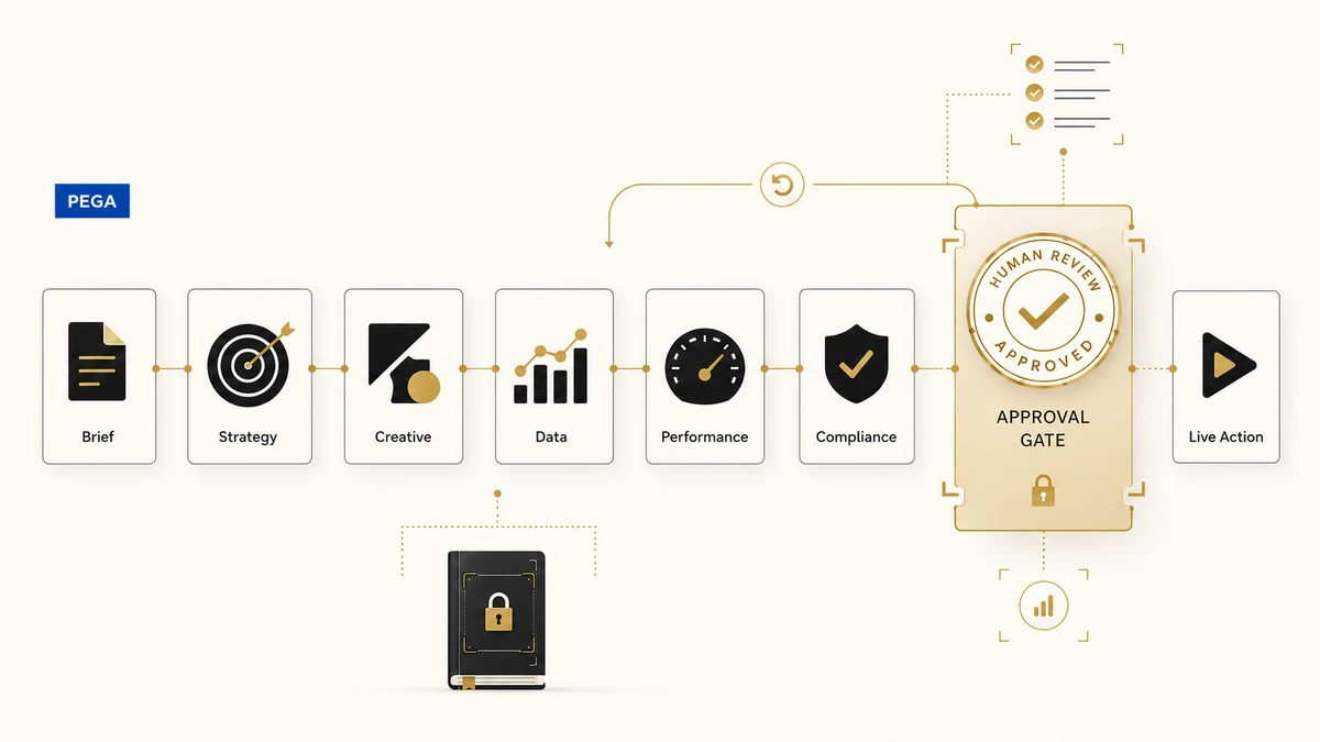 A governed marketing workflow moves from brief to agent tasks through a human approval gate before live action.