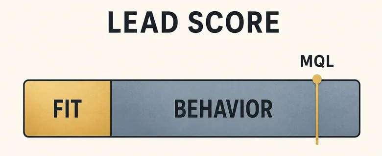 Revenue-range points shown as one slice of a total lead score alongside firmographic and behavioral signals