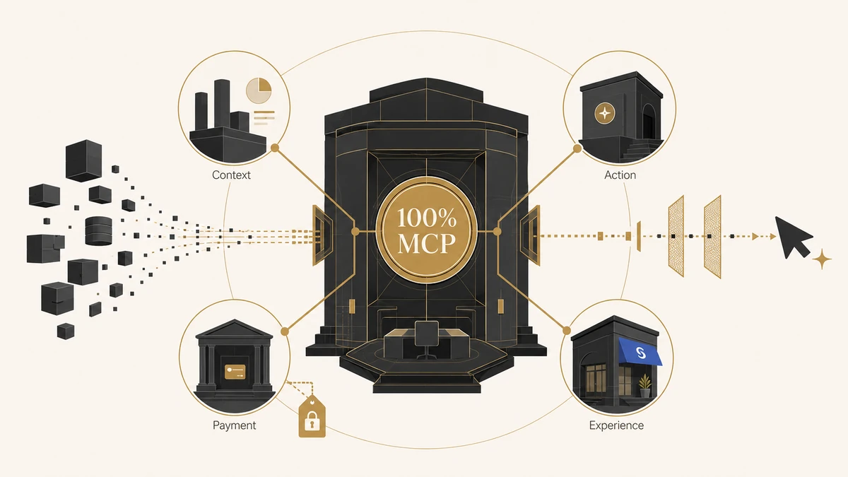 Shopware agentic commerce architecture showing a 100% MCP merchant-control core connected to context, action, payment, and experience layers.