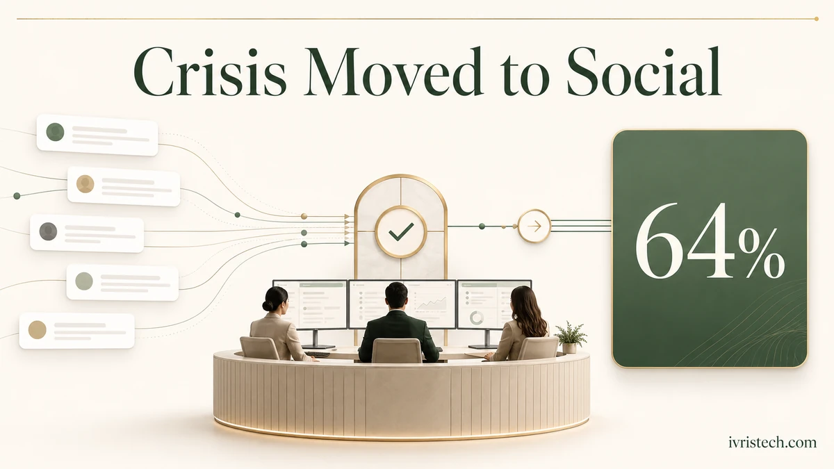 Social crisis command board showing 64 percent of consumers expect brands to reply publicly