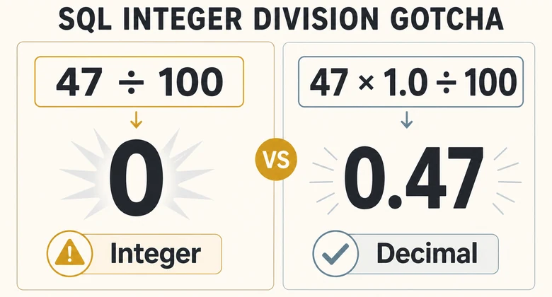 Integer division in SQL returns zero while multiplying by 1.0 returns the correct decimal rate of 0.47
