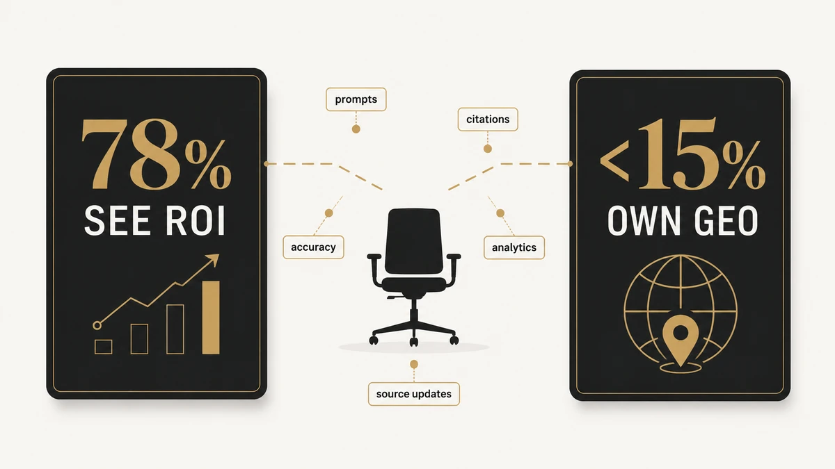 Editorial illustration showing 78% seeing GEO ROI, fewer than 15% owning GEO, and a missing owner between GEO tasks.