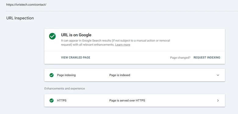 Google Search Console URL Inspection result confirming the page is on Google and indexed, used to verify a technical SEO fix