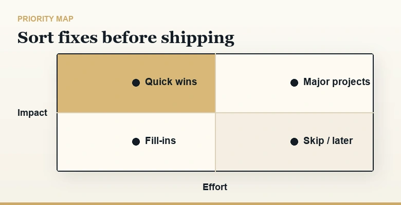 Impact versus effort prioritization matrix sorting technical SEO audit findings into quick wins and projects