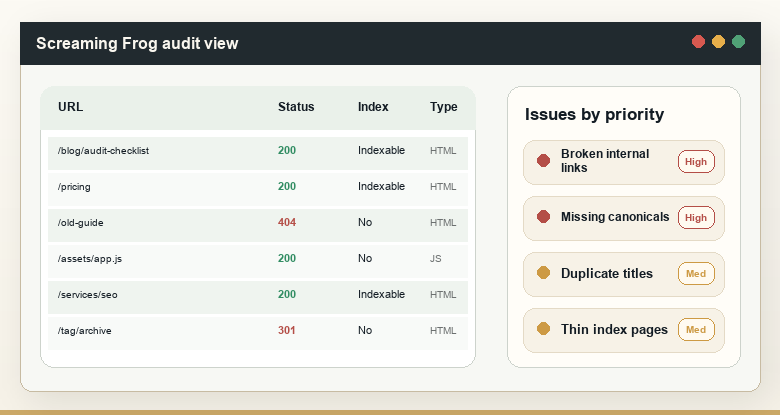 Screaming Frog crawl results showing status codes and indexability flagged during a technical SEO audit