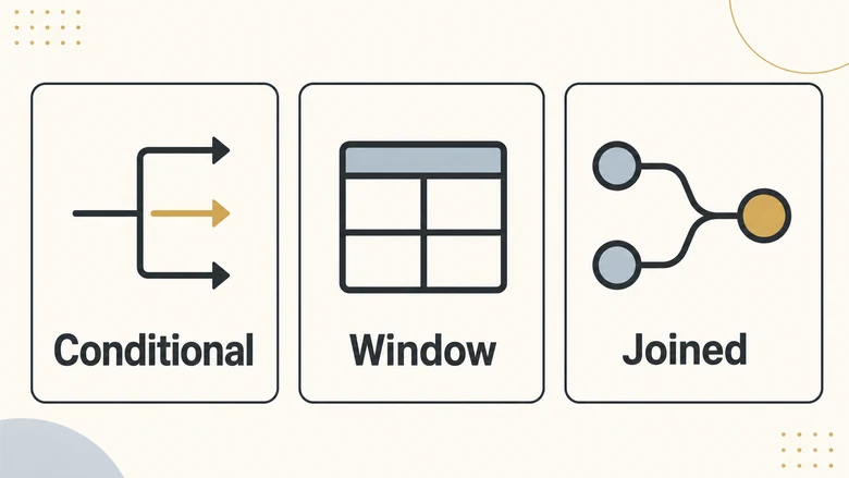 Three SQL methods to calculate a rate compared: conditional aggregation, window functions, and a joined CTE ratio