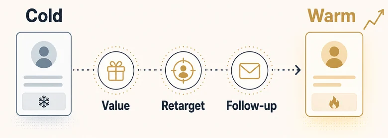 Cold to warm lead progression showing value-first content, retargeting, and follow-up raising conversion