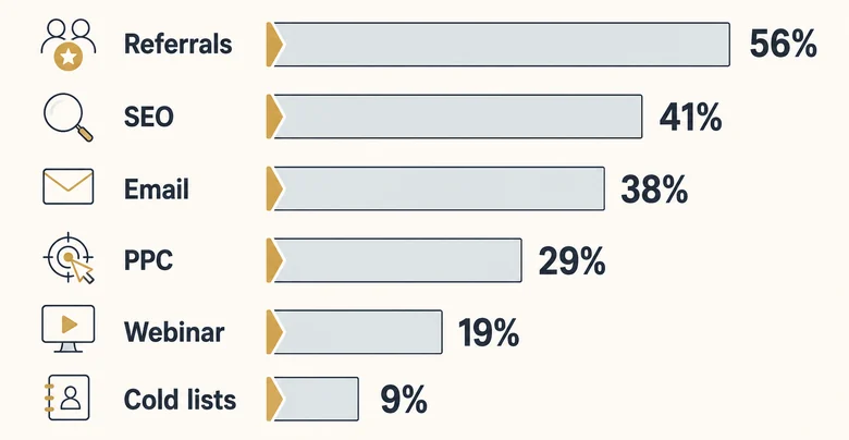 Bar chart of lead conversion rate by source showing referrals and SEO converting far higher than cold outreach