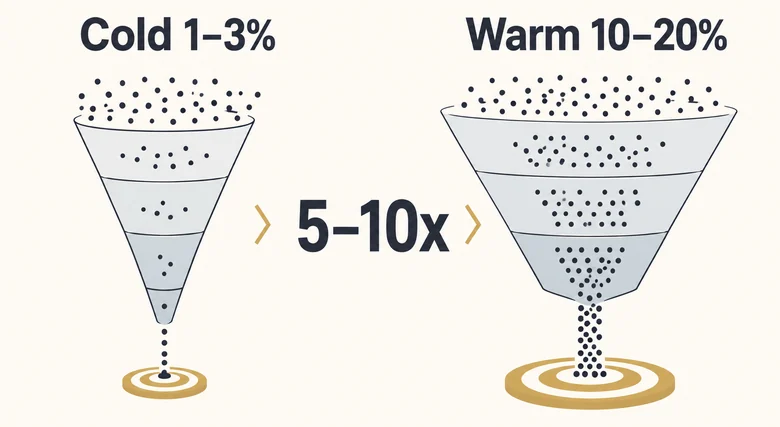 Warm vs cold lead conversion rate multiplier shown as two funnels, cold converting at 1-3% and warm at 10-20%