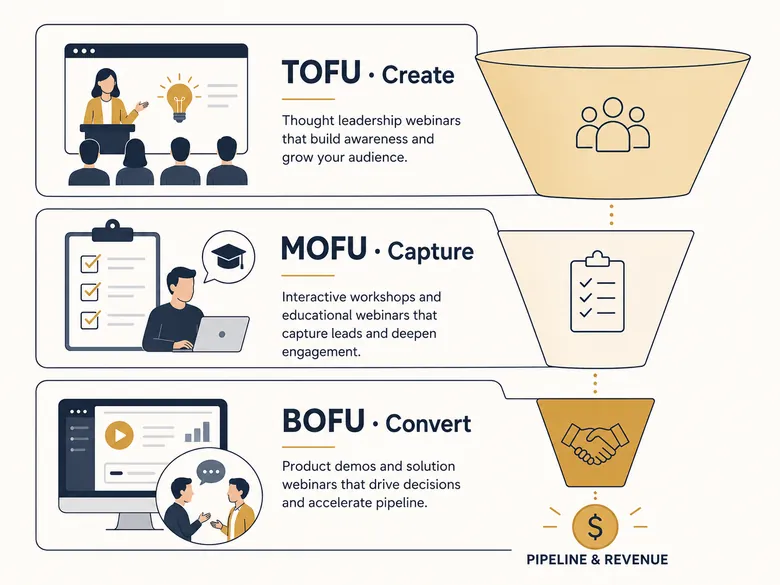 Chart mapping webinar types to TOFU, MOFU, and BOFU funnel stages for B2B lead generation