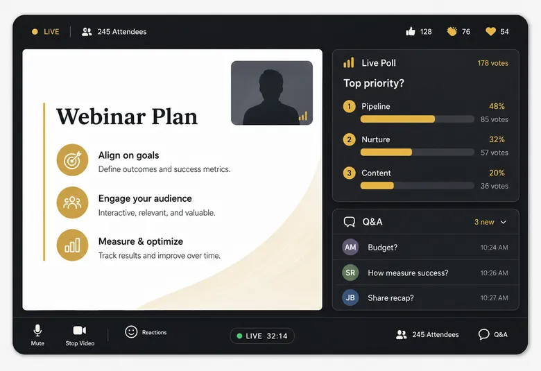 Live webinar screen showing an audience poll and chat engagement during a B2B session