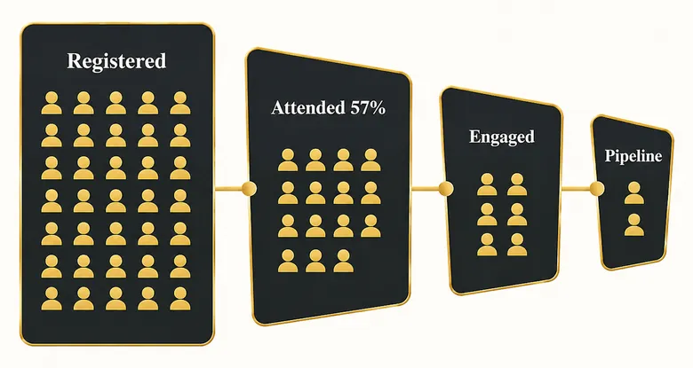 Funnel showing B2B webinar registration to attendance to MQL to pipeline conversion drop-off