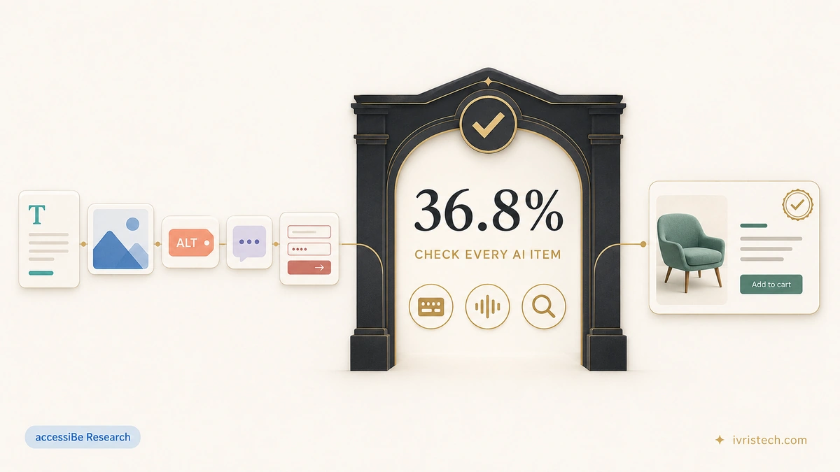An accessibility release gate shows only 36.8% of surveyed brands checking every AI-generated ecommerce item before publication.
