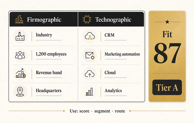 Example B2B account profile combining firmographic fields, technographic fields, and an account fit score