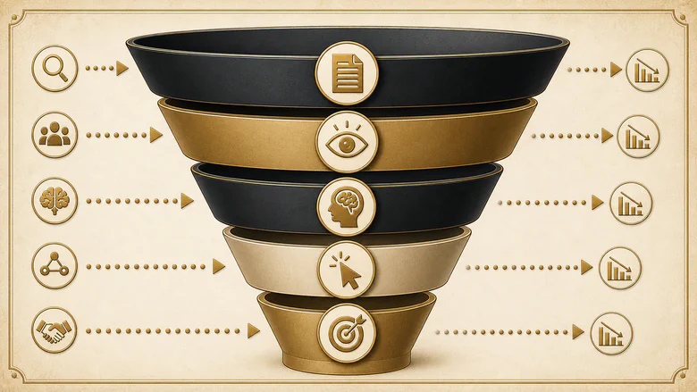 Measurement funnel showing retrieval, visible citation, absorption, referral and conversion as five separate AI search citation outcomes
